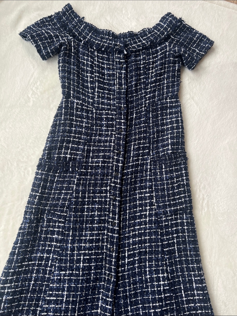 Zara Navy and White Tweed Boucle Dress
